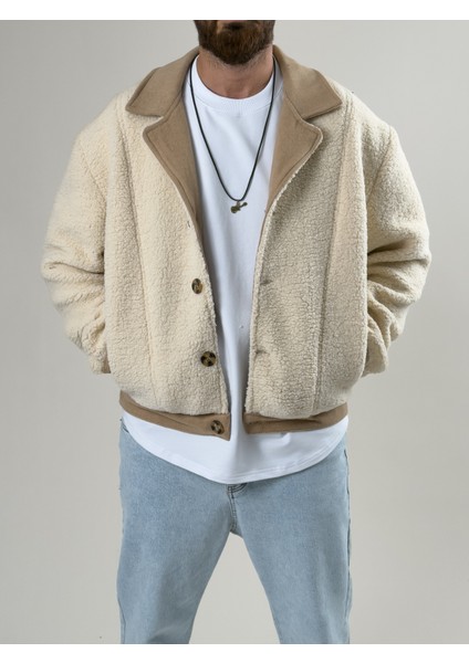 Erkek Kaşe Detaylı Ekru Peluş Hırka COC2585