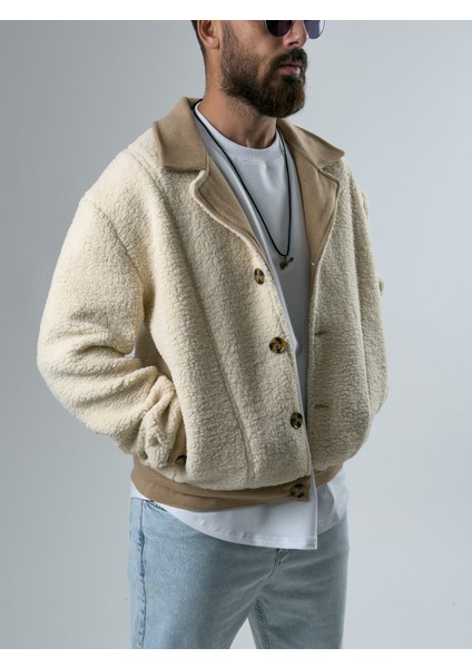 Erkek Kaşe Detaylı Ekru Peluş Hırka COC2585 modelleri