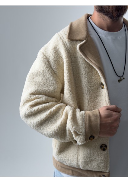 Erkek Kaşe Detaylı Ekru Peluş Hırka COC2585 fırsatları