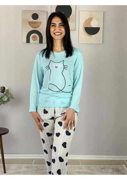 Kadın Kedi Motifli Kalp Desenli Pijama Takımı (Mavi-Beyaz) Mavi fırsatları