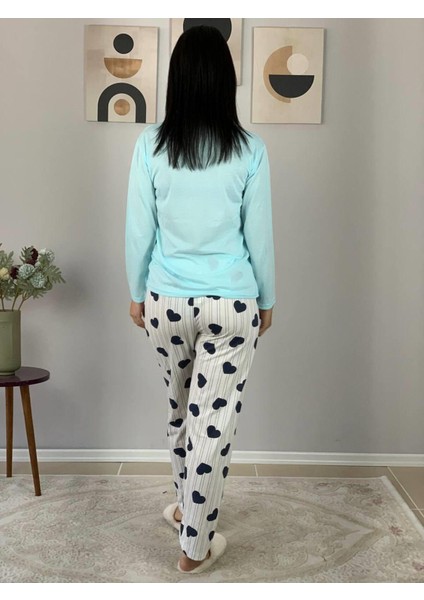 Kadın Kedi Motifli Kalp Desenli Pijama Takımı (Mavi-Beyaz) Mavi indirimleri