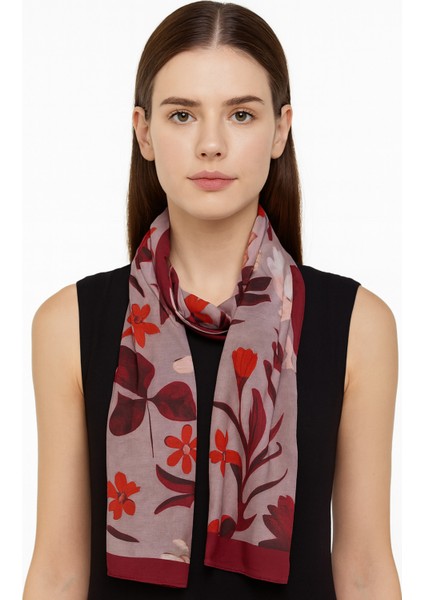 Gül Kurusu Zeminli Kırmızı Çiçek Desenli Şal