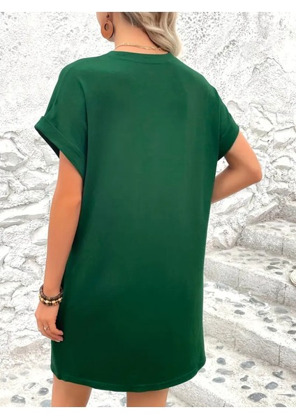 Kadın Kısa Kollu Bisiklet Yaka Cepli Kelebek Baskılı Viskon Elbise