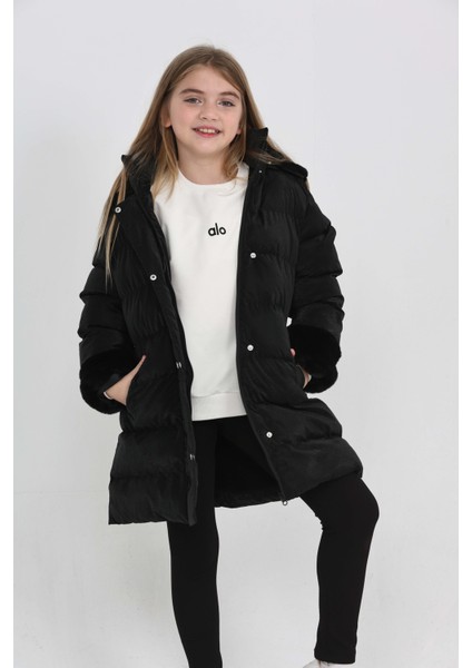 5-13 Yaş Kız Çocuk Mont Kapüşonlu, Kürk Detaylı, Pembe Şişme Kışlık Mont