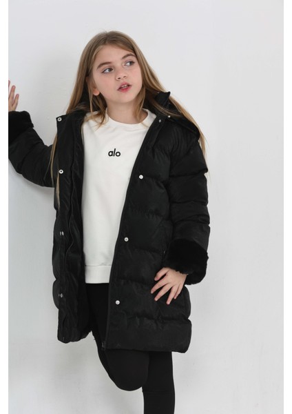 5-13 Yaş Kız Çocuk Mont Kapüşonlu, Kürk Detaylı, Pembe Şişme Kışlık Mont modelleri