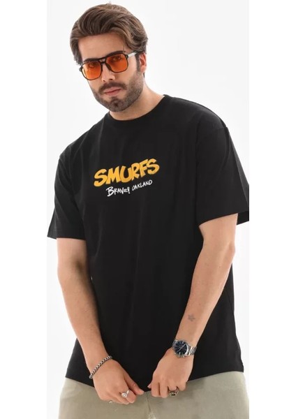 Unisex Bisiklet Yaka Baskılı Oversize T-Shirt - Siyah