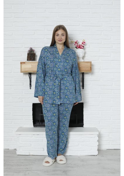 Viskon Desenli Pijama Takımı %100 Pamuk Lacivert XL