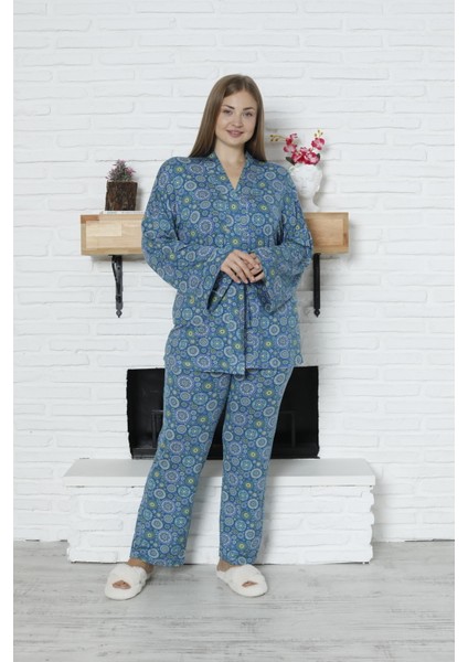 Viskon Desenli Pijama Takımı %100 Pamuk Lacivert XL fiyatları