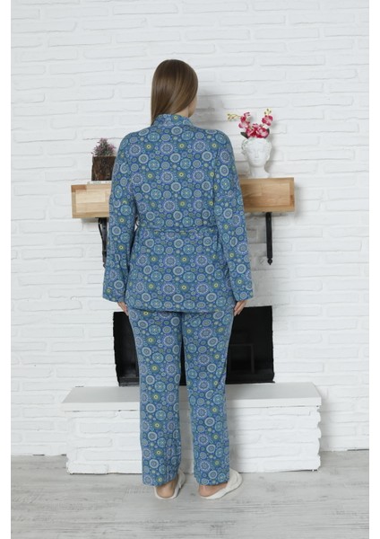 Viskon Desenli Pijama Takımı %100 Pamuk Lacivert XL indirimleri