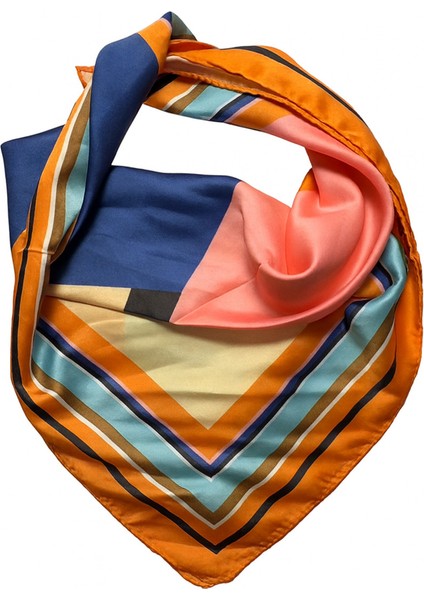 Turuncu Çerçeveli Geometrik Desenli Ipeksi Fular