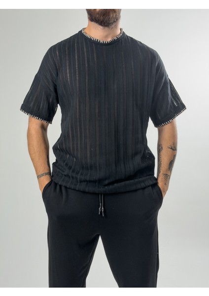 Yaka İp Detaylı Tasarım Erkek Siyah T-Shirt COC2611 fiyatları