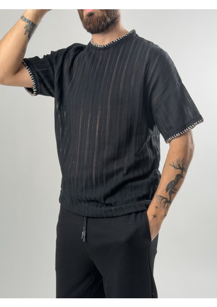 Yaka İp Detaylı Tasarım Erkek Siyah T-Shirt COC2611 modelleri