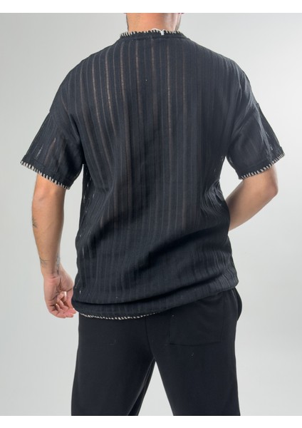 Yaka İp Detaylı Tasarım Erkek Siyah T-Shirt COC2611 fırsatları