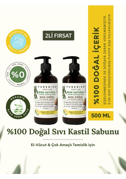 2li Fırsat %100 Doğal Kastil Sıvı Sabun - Bergamot & Limon Kokulu
