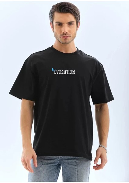 Unisex Bisiklet Yaka Baskılı Oversize T-Shirt - Siyah