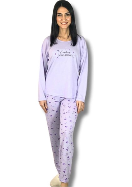 Kadın Pamuklu Viscon Çiçek Desenli Pijama Takımı (Lila) Mor L