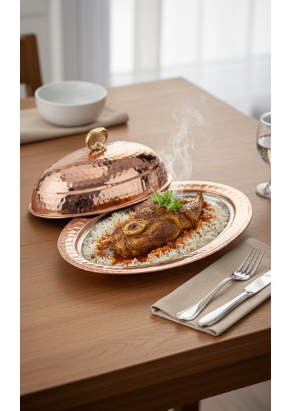 Bakır Servis Tabağı Kapaklı El Dövmesi 25 cm