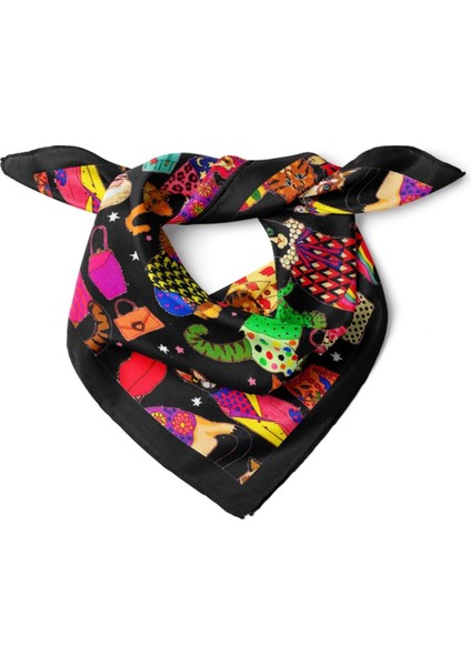 Siyah Zeminli Renkli Kedi Desenli Fular