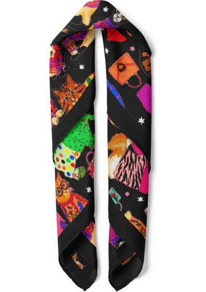 Siyah Zeminli Renkli Kedi Desenli Fular fiyatları