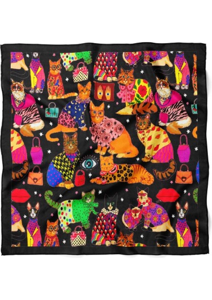 Siyah Zeminli Renkli Kedi Desenli Fular modelleri