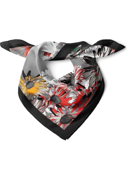 Siyah Çerçeveli Renkli Papatya Desenli Fular