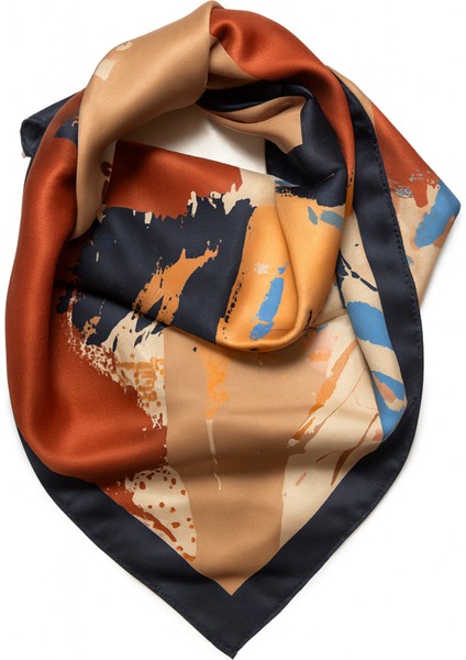 Turuncu Lacivert Soyut Desenli Ipeksi Fular