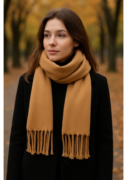 Kadın Camel Püsküllü Soft Dokulu Klasik Şal