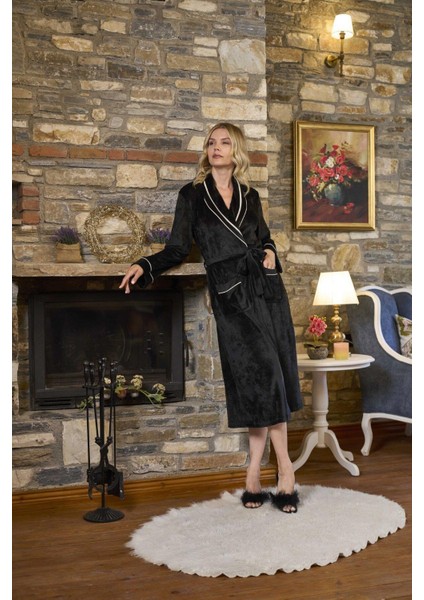 Kadın Siyah Kadife Sabahlık 26389