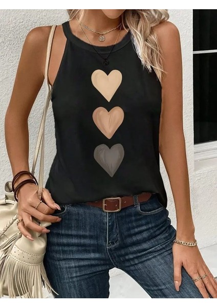 Kadın Omuzlardan Açık Boyundan Askılı Kalp Baskılı Viskon Bluz