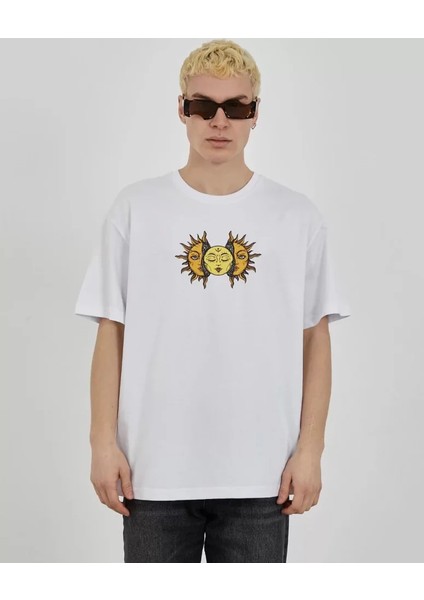 Unisex Bisiklet Yaka Baskılı Oversize T-Shirt - Beyaz