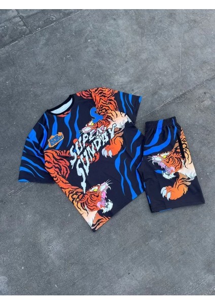 Erkek Dijital Baskılı Şortlu Takım - Mavi modelleri