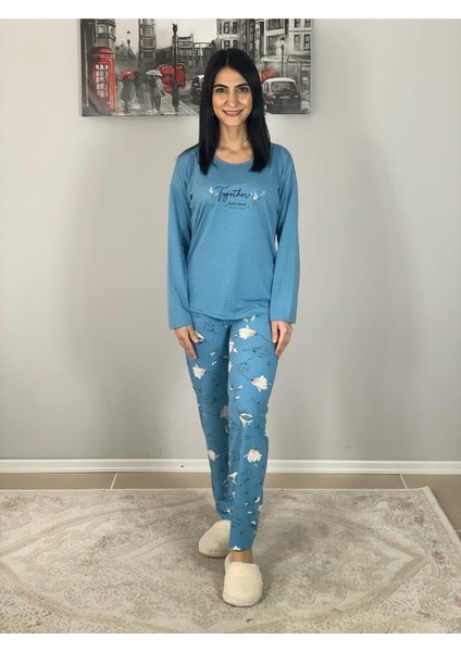 Kadın Pamuklu Viscon Çiçek Desenli Pijama Takımı (Mavi) Mavi XL fiyatları