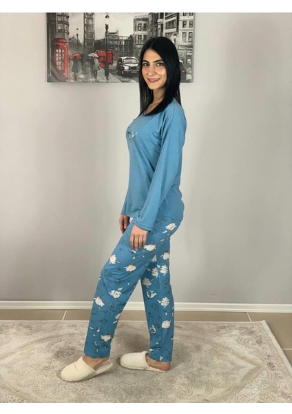 Kadın Pamuklu Viscon Çiçek Desenli Pijama Takımı (Mavi) Mavi XL modelleri