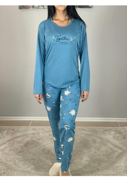 Kadın Pamuklu Viscon Çiçek Desenli Pijama Takımı (Mavi) Mavi XL fırsatları