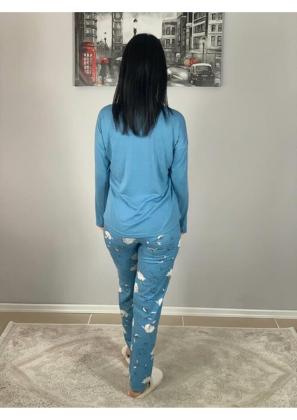 Kadın Pamuklu Viscon Çiçek Desenli Pijama Takımı (Mavi) Mavi XL indirimleri