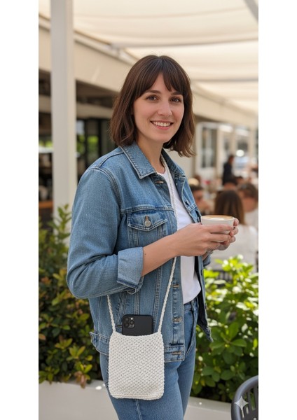 El Yapımı Beyaz Örgü Telefon Çantası, Handmade Tasarım Çanta-El Örgüsü Kadın Mini Çanta 18*15