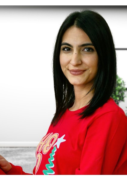 Baskılı Pamuk Kadın Yeni Yıl Aile Pijama Takımı (HO HO HO) Kırmız indirimleri