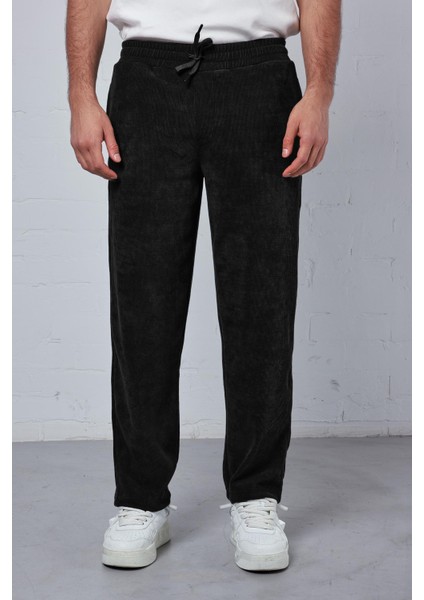 Erkek Regular Fit Fitilli Beli Lastikli Pantolon Siyah