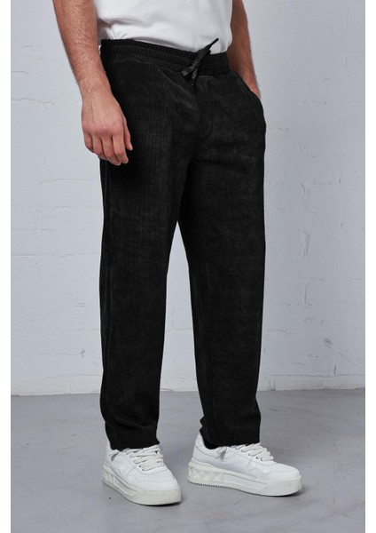 Erkek Regular Fit Fitilli Beli Lastikli Pantolon Siyah fiyatları