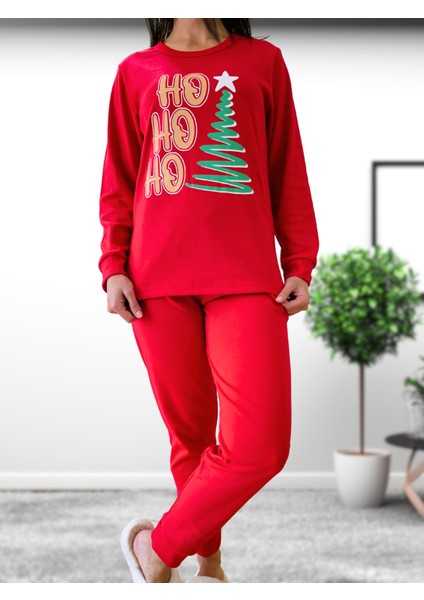 Baskılı Pamuk Kadın Yeni Yıl Aile Pijama Takımı (HO HO HO) Kırmız modelleri
