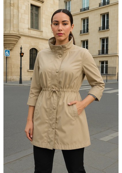 Kadın Büzgülü Premium Bej Kısa Trençkot