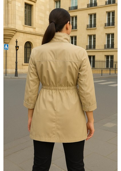 Kadın Büzgülü Premium Bej Kısa Trençkot