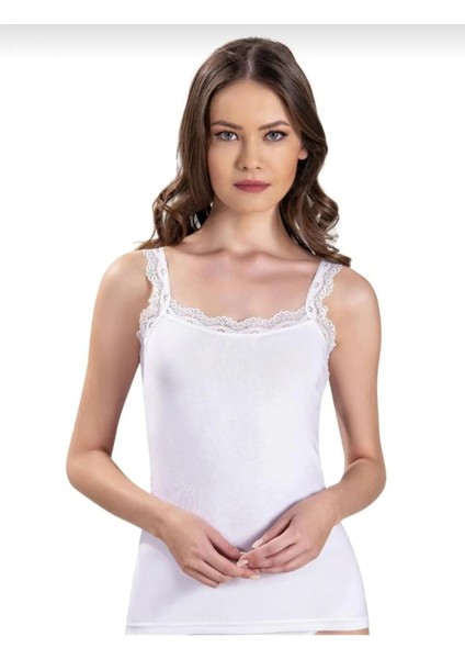 Kadın 3'lü Beyaz Güpürlü Geniş Askılı Likralı Atlet