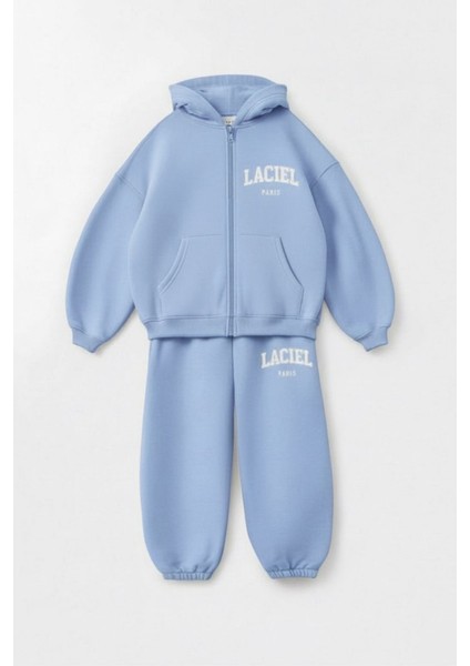 Kız Çocuk Pamuklu Mavi Kapüşonlu Fermuarlı Eşofman Takım – Rahat Kesim