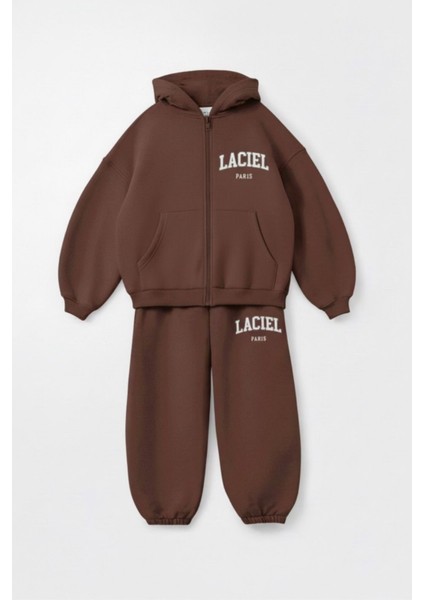 Unisex Çocuk Pamuklu Kahverengi Kapüşonlu Fermuarlı Eşofman Takım – Rahat Kesim