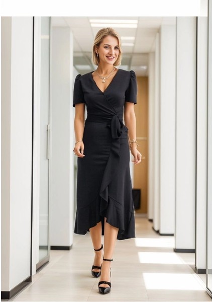 Kadın Kruvaze Yaka Midi Boy Kuşaklı Krep Elbise 120 cm fiyatları