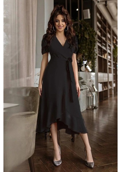 Kadın Kruvaze Yaka Midi Boy Kuşaklı Krep Elbise 120 cm fırsatları