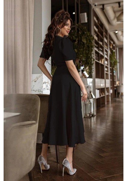 Kadın Kruvaze Yaka Midi Boy Kuşaklı Krep Elbise 120 cm indirimleri