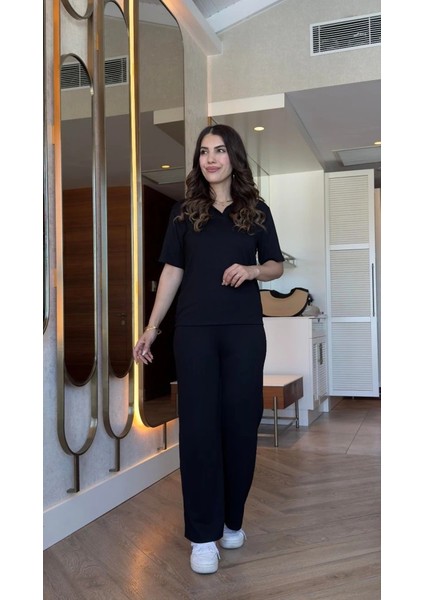 Kadın Kısa Kollu Yakalı Viskon Iki Iplik Bluz ve Pantolon Ikili Takım