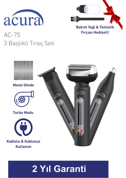 Ac-75 3 Başlıklı Metal Gövdeli Tıraş Seti